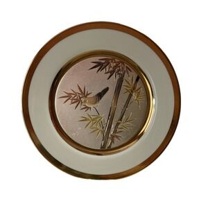 Vintage Japanese‎ Porcelain Plate Gold Bamboo Bird Decorative Display Plate